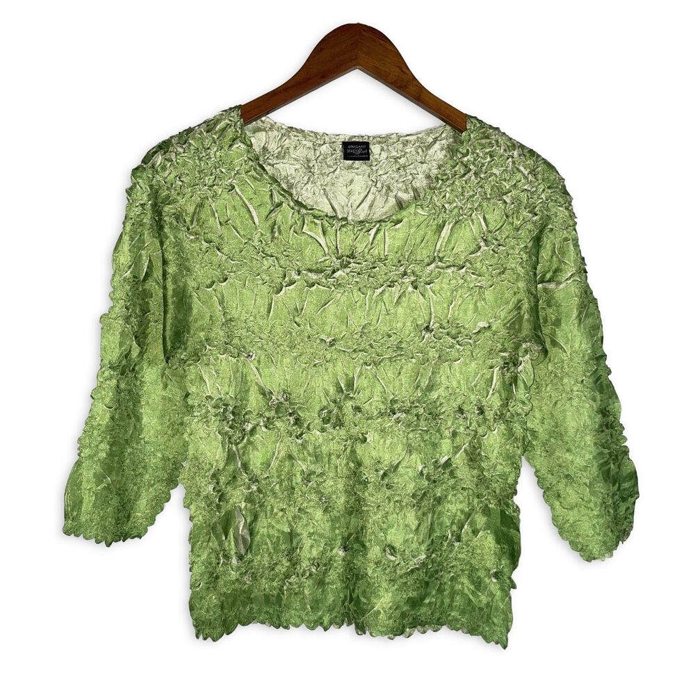 Origami Magic Scarf Green Crinkle Popcorn Top One Size Y2K Stretch Blouse